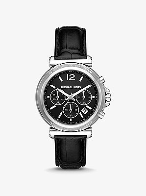 Oversized Maren Silver-Tone and Crocodile Embossed Leather Watch