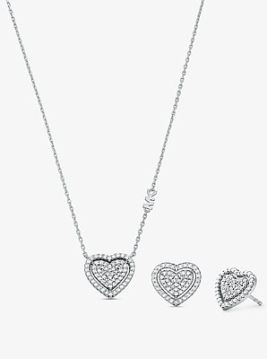 Precious Metal-Plated Sterling Silver Pav&eacute; Heart Necklace and Earrings Gift Set