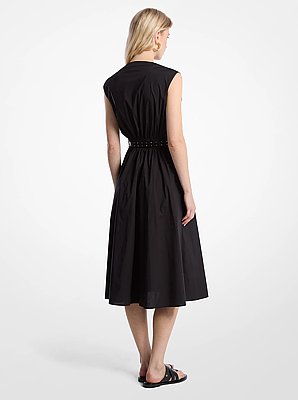 Vestido midi con cintur&oacute;n de popelina de algod&oacute;n el&aacute;stico