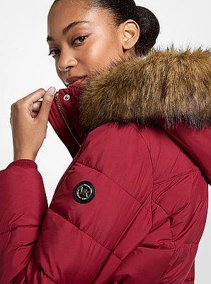 Faux Fur Trim Belted Puffer Jacket