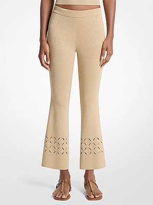 Laser Cut Metallic Stretch Knit Cropped Pants