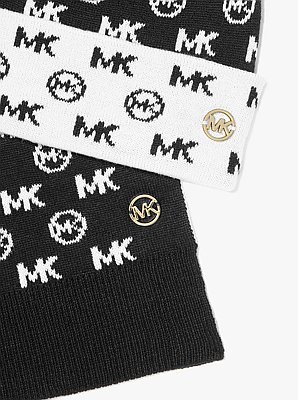 Logo Jacquard Knit Beanie Hat and Scarf Set