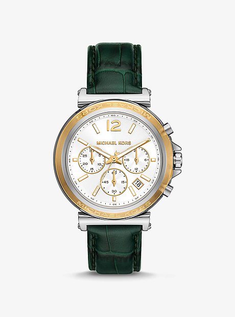 Oversized Maren Silver-Tone and Crocodile Embossed Leather Watch