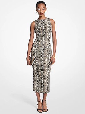 Robe mi-longue en jersey extensible &agrave; fronces et &agrave; imprim&eacute; serpent