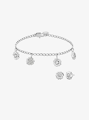 Pav&eacute; Flower Charm Bracelet and Stud Earrings Jewelry Set