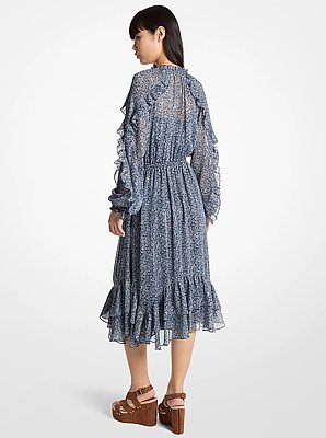 Ruffled Metallic Floral Print Georgette Midi Dress