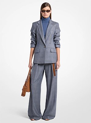 Glen Plaid Wool Crushed-Sleeve Blazer