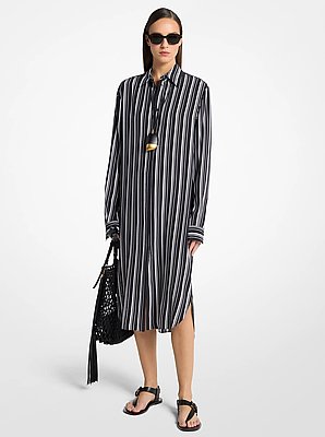 Vestido camisero de crep&eacute; de chin&eacute; de seda a rayas