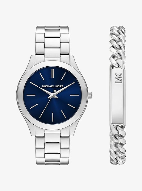 Oversized Aspyn Silver-Tone Watch and Bracelet Jewelry Gift Set