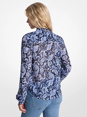 Blusa de georgette con cuello con lazada y estampado de cachemir
