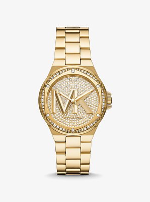 Lennox Pav&eacute; Logo Gold-Tone Logo Watch