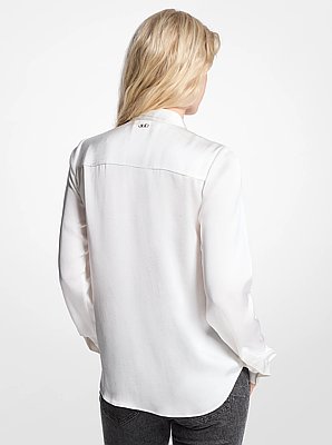 Satin Fringed Tie-Neck Blouse