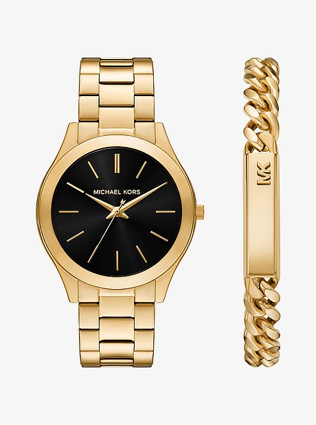 Oversized Aspyn Gold-Tone Watch and Jewelry Gift Set 