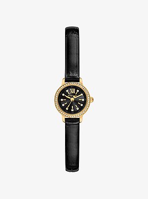 Reloj Melissa micro en tono dorado con piel con relieve de cocodrilo con pav&eacute;