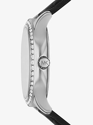 Sage Pav&eacute; Silver-Tone and Crocodile Embossed Leather Watch