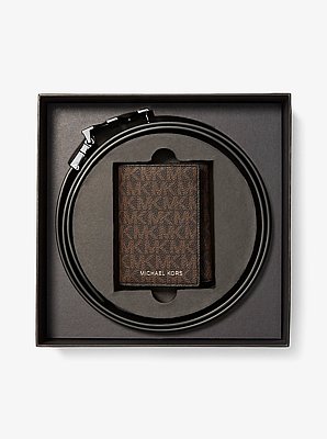 Signature Logo Tri-Fold Card Case and Belt Gift Set