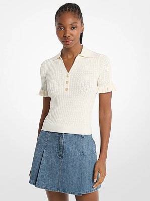 Poloshirt aus Strick mit R&uuml;schen&auml;rmeln
