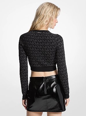 Metallic Logo Jacquard Cropped Zip-Up Cardigan