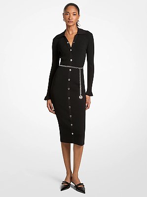 Stretch Knit Belted Midi Dress