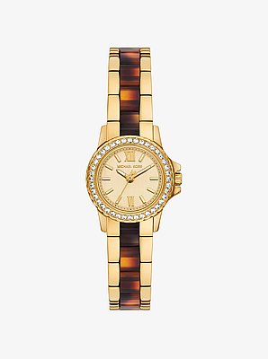 Reloj Everest petite en tono dorado y acetato color carey con pav&eacute;