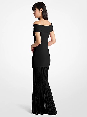 Pleated Stretch Knit Off-The-Shoulder Maxi Dress