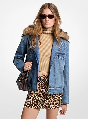 Faux Fur Trim Denim Moto Jacket