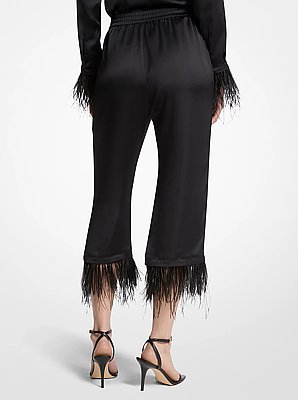 Pantal&oacute;n de pijama de sat&eacute;n con ribete de plumas