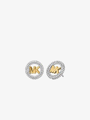 Orecchini piccoli a bottone bicolore con logo e pav&eacute;