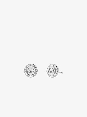 Aretes tipo bot&oacute;n con logotipo con pav&eacute;