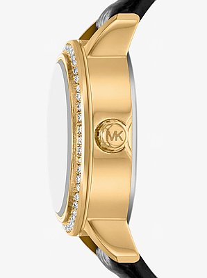 Reloj Melissa micro en tono dorado con piel con relieve de cocodrilo con pav&eacute;