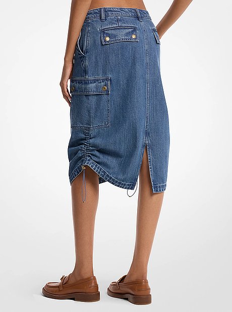 Ruched Denim Midi Skirt