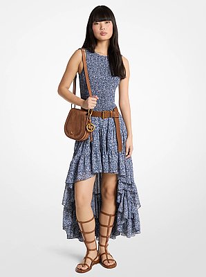 Smocked Floral Print Georgette High-Low Dress