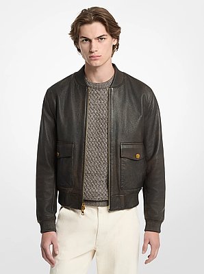 Pebbled Leather Bomber Jacket