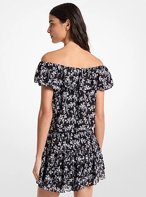 Robe &agrave; &eacute;paules d&eacute;nud&eacute;es en georgette &agrave; imprim&eacute; floral