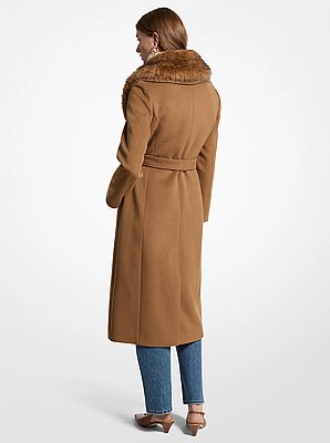 Manteau en m&eacute;lange de laine bord&eacute; de fausse fourrure
