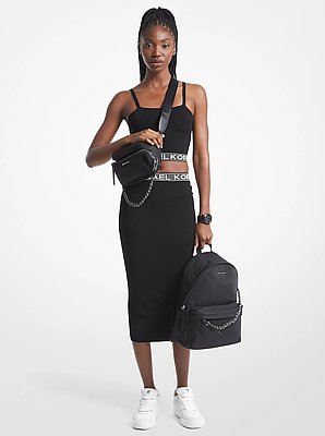 Falda midi de viscosa el&aacute;stica con cinta de logotipo