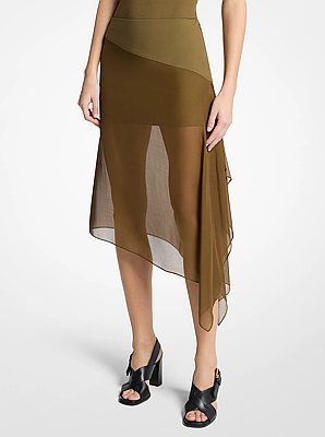 Stretch Tissue Wool Crepe and Silk Voile Veiled Skirt
