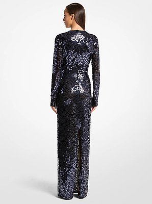 Vestido de noche de tul el&aacute;stico con bordado de espejos y cuello en V