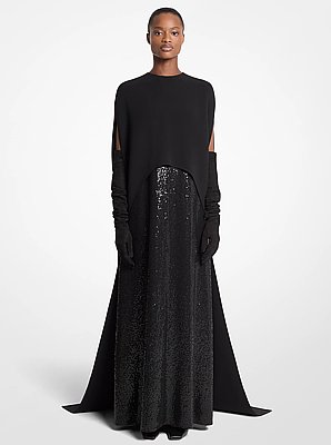 Double-Faced Stretch Wool and Hand-Embroidered Sequin Cape Gown