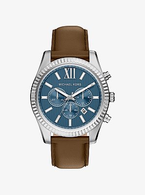 Oversized Lexington Silver-Tone and Leather Watch