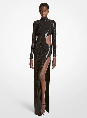 Vestido largo de cady el&aacute;stico con aberturas y cristales bordados a mano