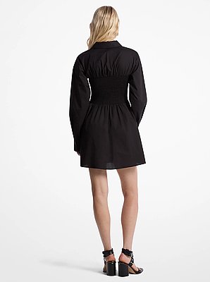 Stretch Cotton Poplin Smocked Shirtdress