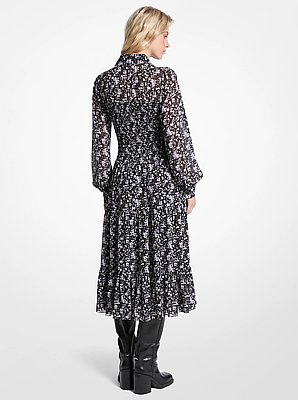 Vestido camisero de georgette con estampado floral y pliegues