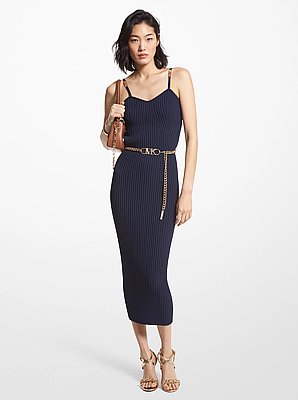 Vestido de viscosa el&aacute;stica acanalada con bustier y cintur&oacute;n