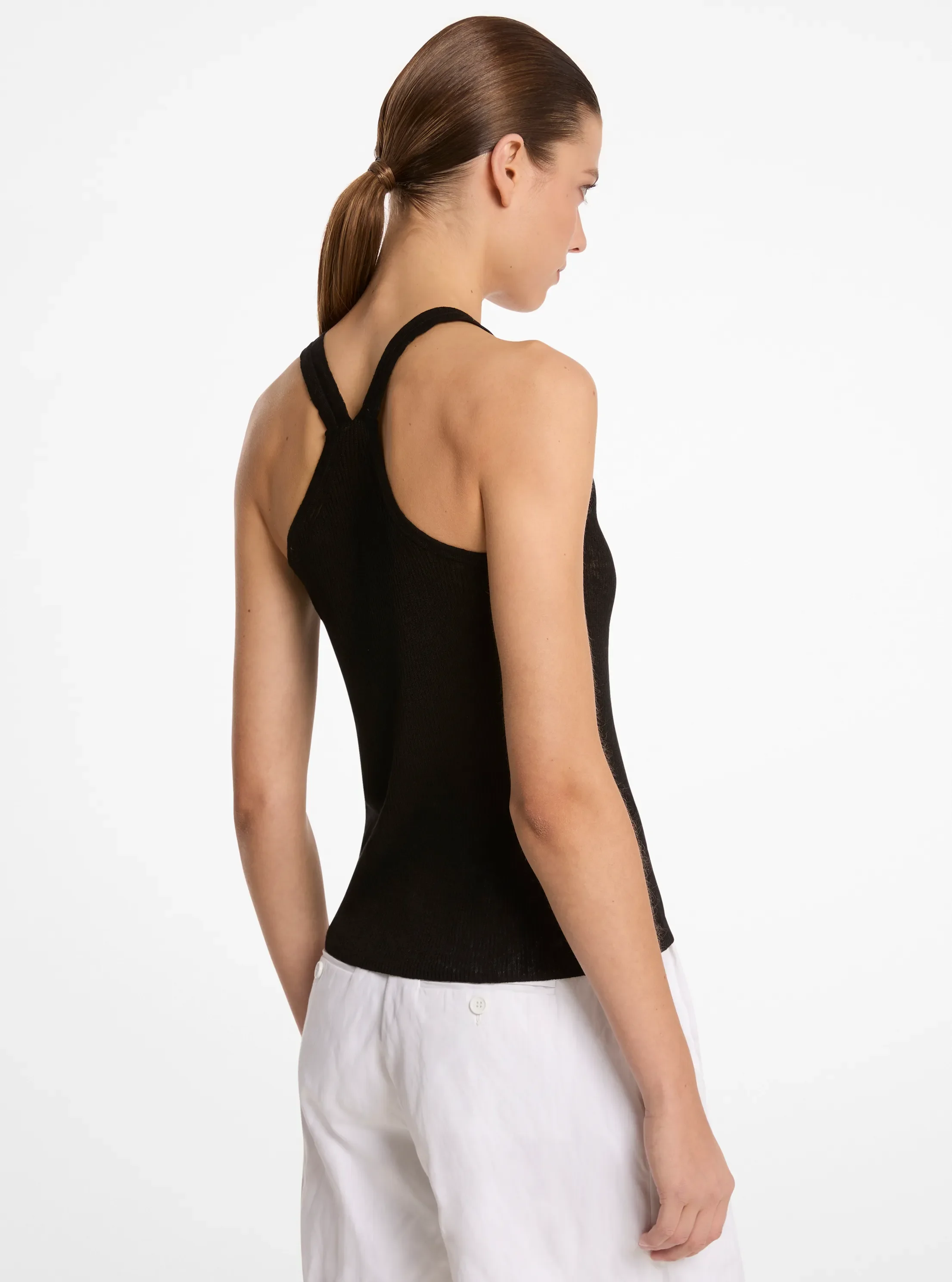 Женский топ Michael Kors Ribbed Superfine Linen and Cotton Blend Tank Top, цвет: Чёрный — фото 2