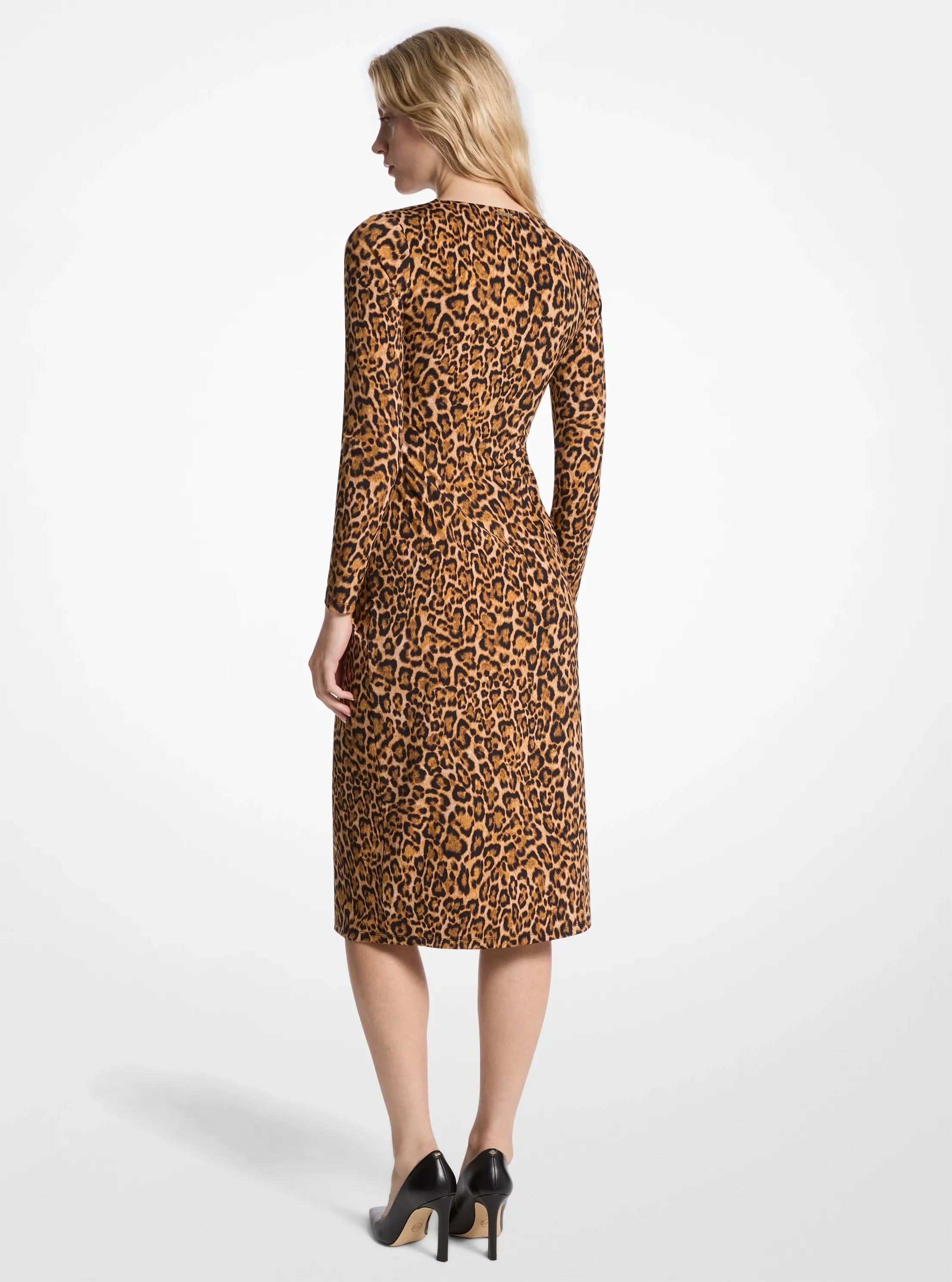 Женское платье Michael Kors Leopard Print Matte Jersey Ruched, цвет: Marigold — фото 2