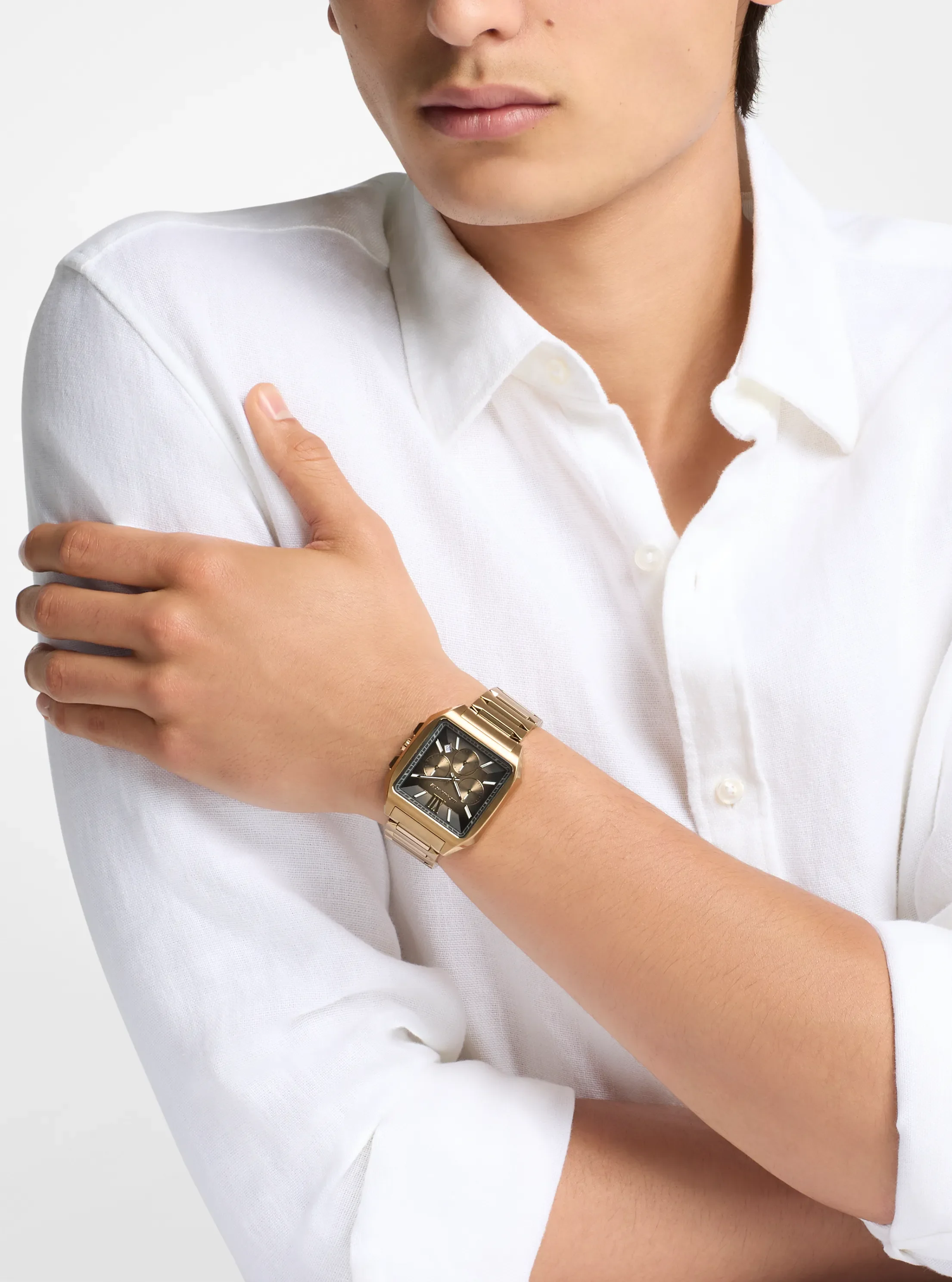 Часы Michael Kors Hayes Oversized Brushed Beige Gold-Tone Sport Watch, цвет: Бежевый золотой — фото 4