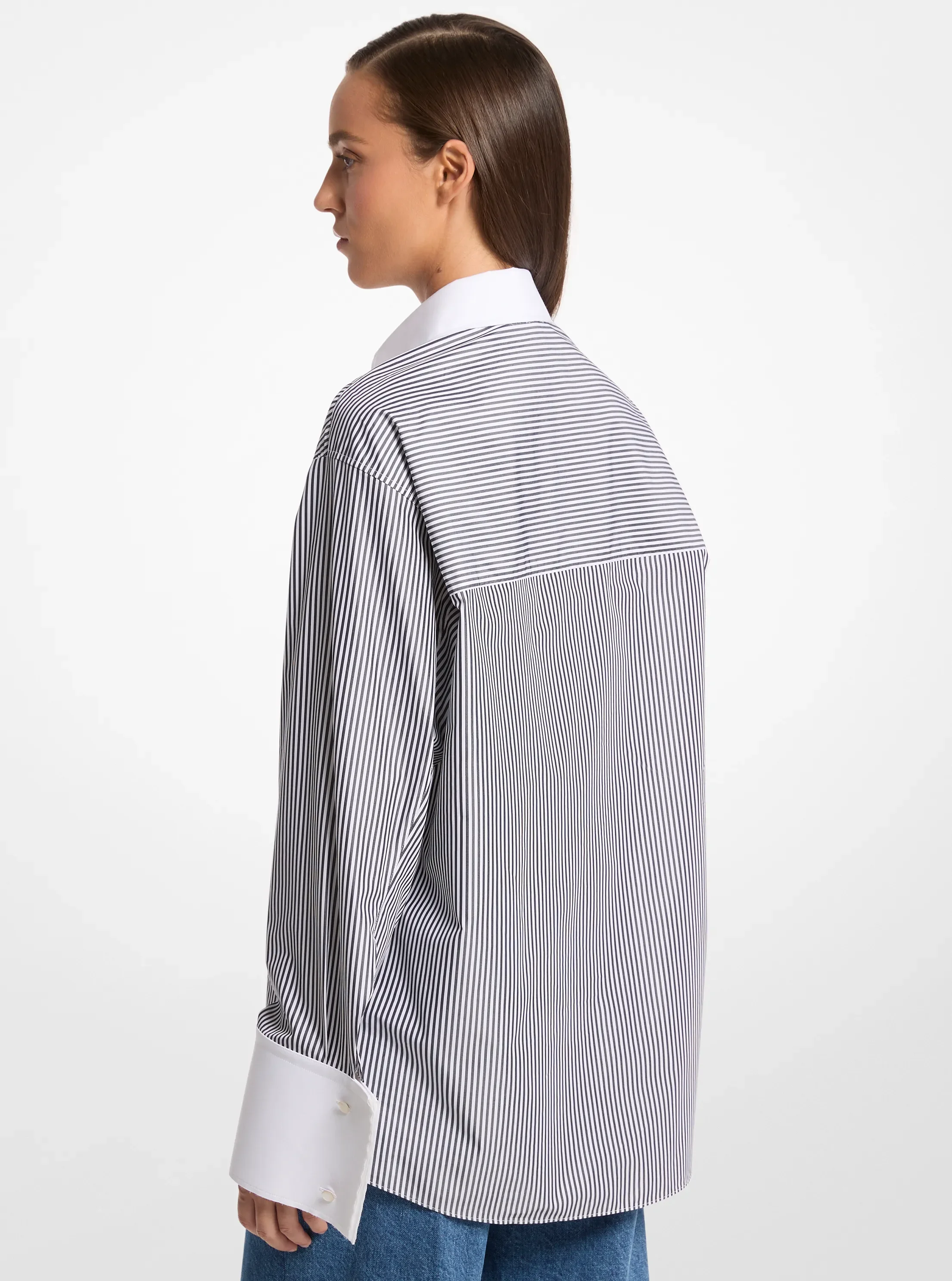 Женская рубашка Michael Kors Tyler Oversized Striped Cotton Blend, цвет: Тёмно-синий / Оптический белый — фото 2