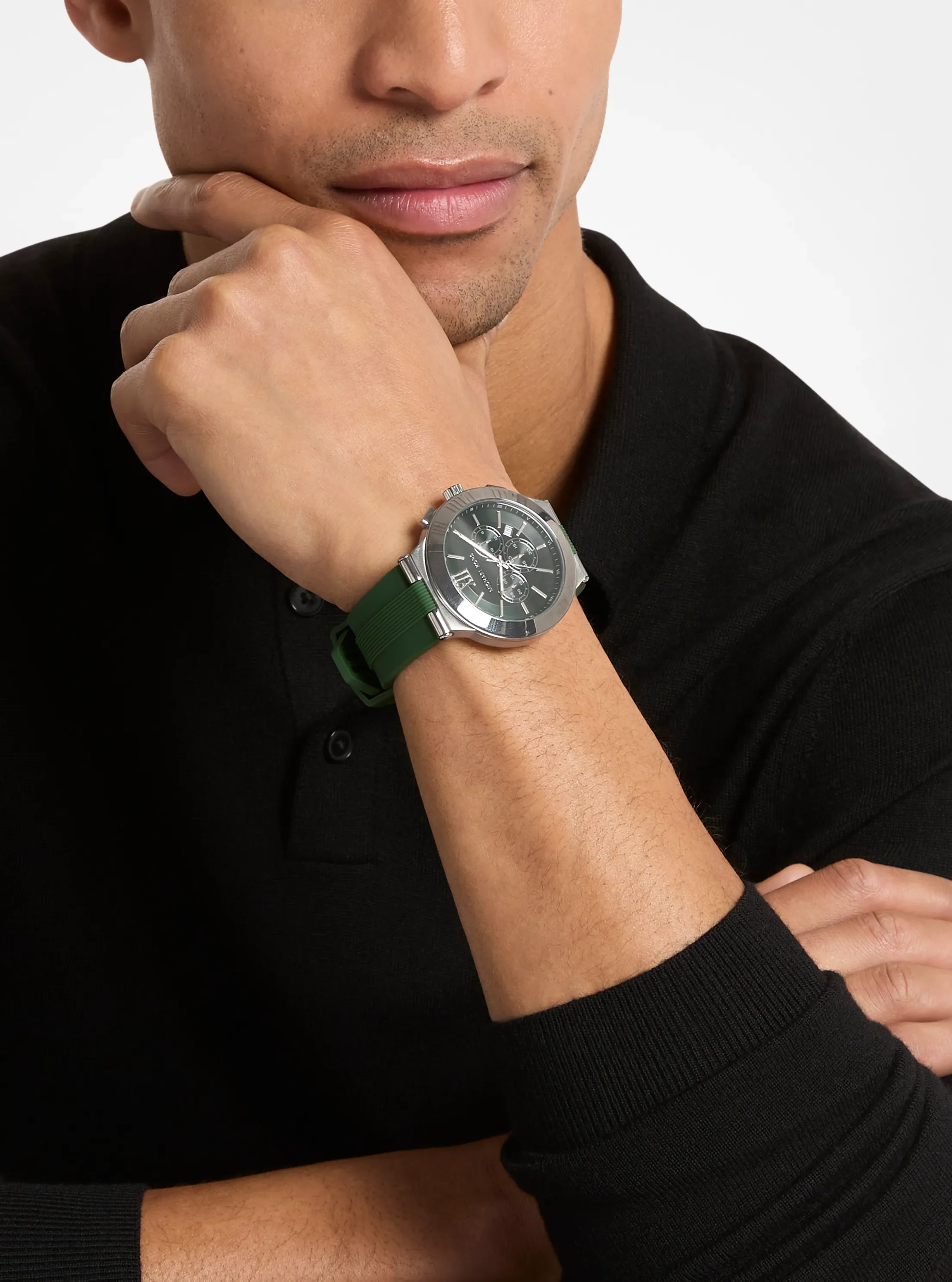 Женские часы Michael Kors Oversized Billie Gunmetal and Silicone Watch, цвет: Вечнозелёный — фото 6
