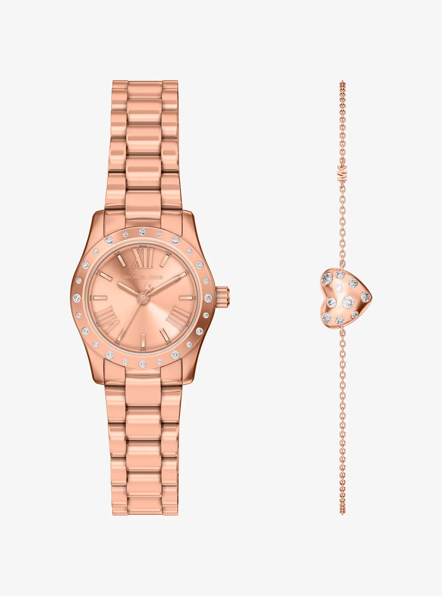 Женские часы Michael Kors Petite Lexington Pavé Rose Gold-Tone Watch and Heart Bracelet Gift Set, цвет: Розовое золото